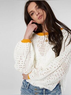 Free People Home Run Cotton Crochet Sweater Gold Trim Womens size Small